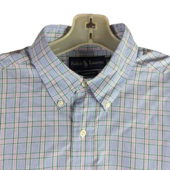 Ralph Lauren Shirt Mens button down Blue Plaid Shirt Logo Size 16.5 - Picture 3 of 9